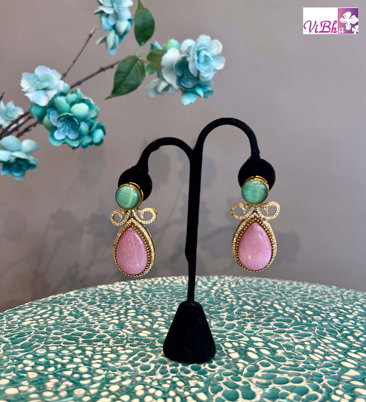 Gold Finish Turquoise and Pink Stone Earrings