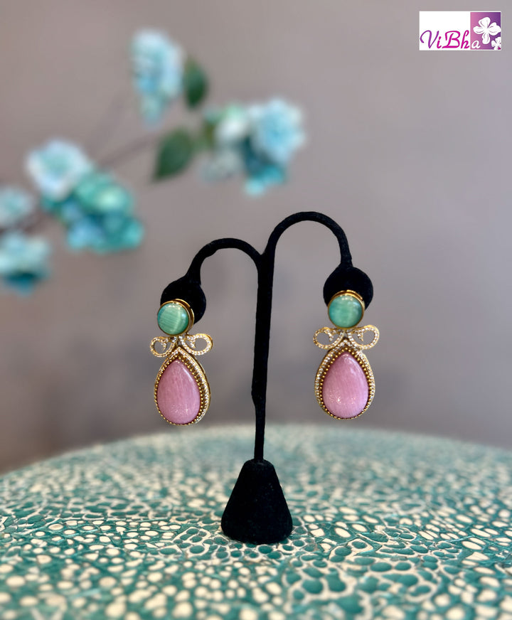 Gold Finish Turquoise and Pink Stone Earrings