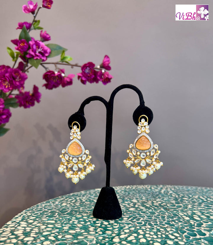 Kundan with Peach Stone and Pearl Finish Earrings