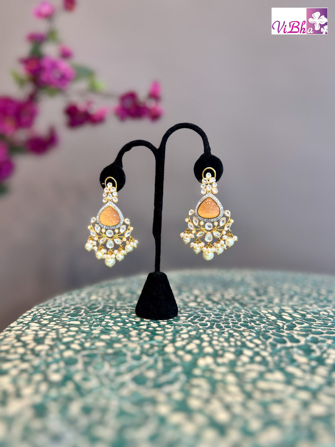 Kundan with Peach Stone and Pearl Finish Earrings