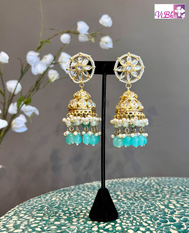 Kundan and Pearl Jhumkas with Blue Beads