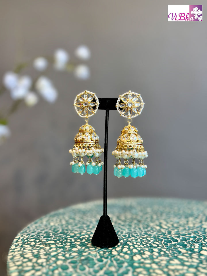 Kundan and Pearl Jhumkas with Blue Beads