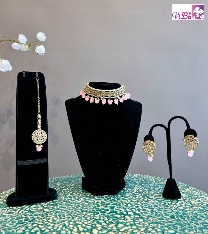 Pastle Pink Glass Bead Choker Set with Mang Tika