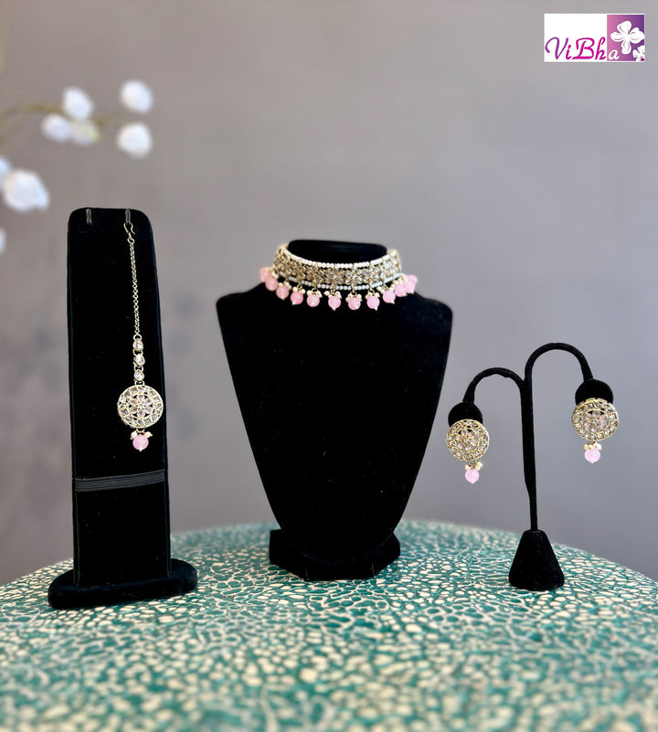 Pastle Pink Glass Bead Choker Set with Mang Tika