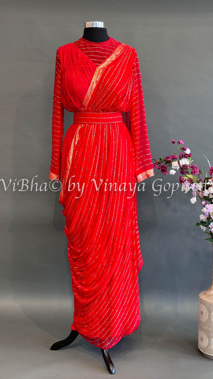 Red Saree Draped Gown