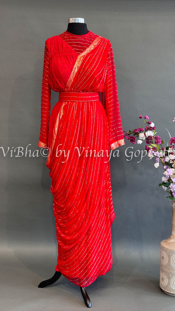 Red Saree Draped Gown