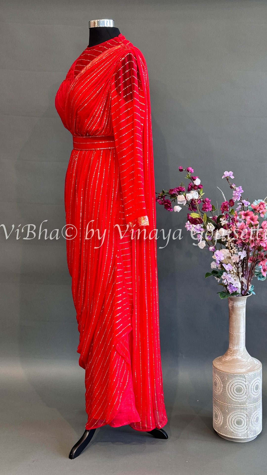 Red Saree Draped Gown