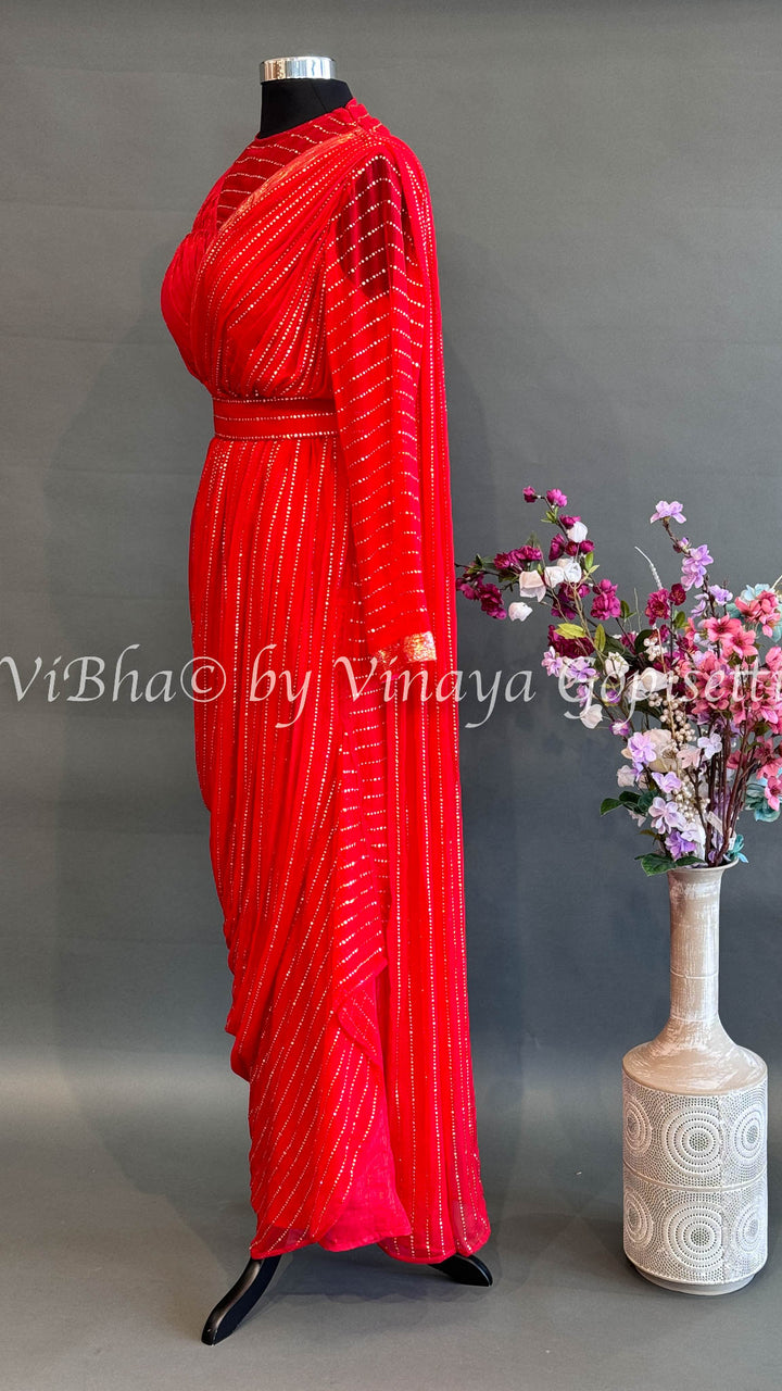 Red Saree Draped Gown