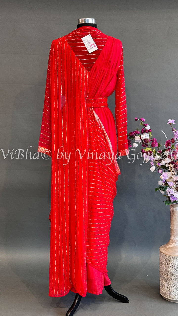 Red Saree Draped Gown