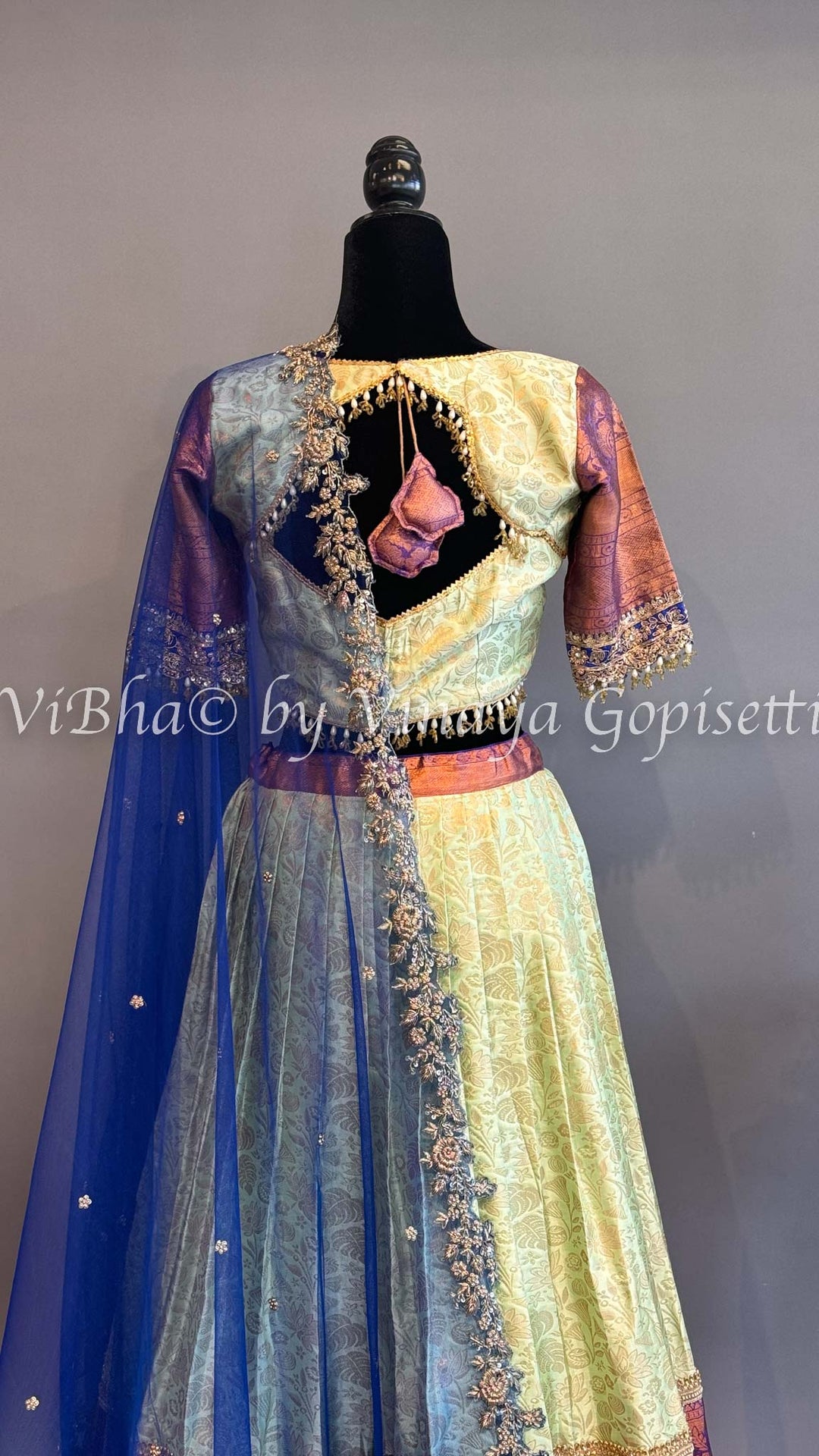 Mint and Purple Kanchi Silk Lehenga With Embroidered Borders And Blue Kanchi Silk Dupatta