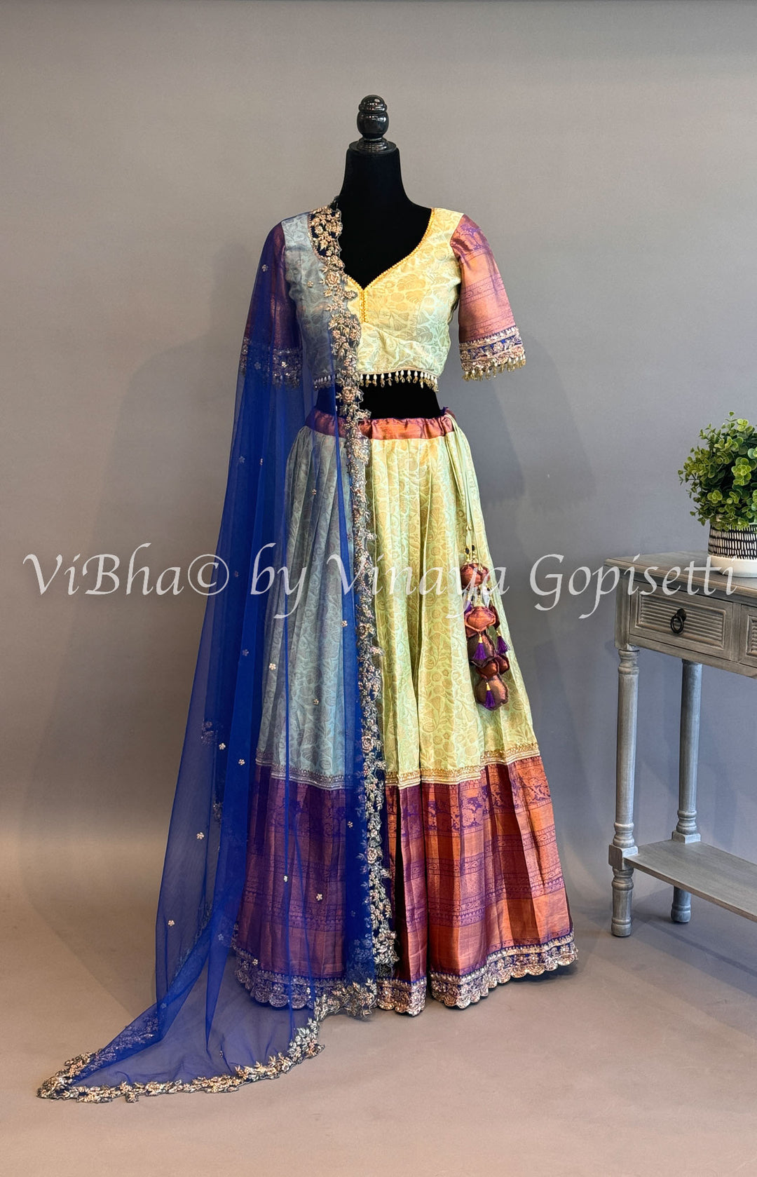 Mint and Purple Kanchi Silk Lehenga With Embroidered Borders And Blue Kanchi Silk Dupatta