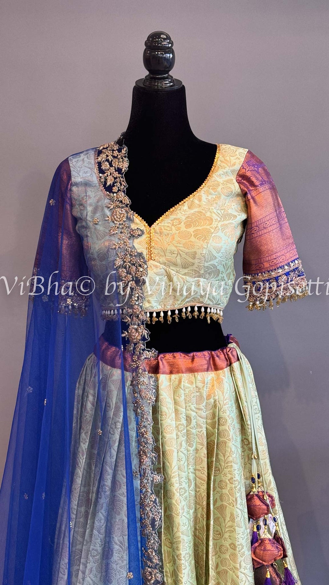 Mint and Purple Kanchi Silk Lehenga With Embroidered Borders And Blue Kanchi Silk Dupatta