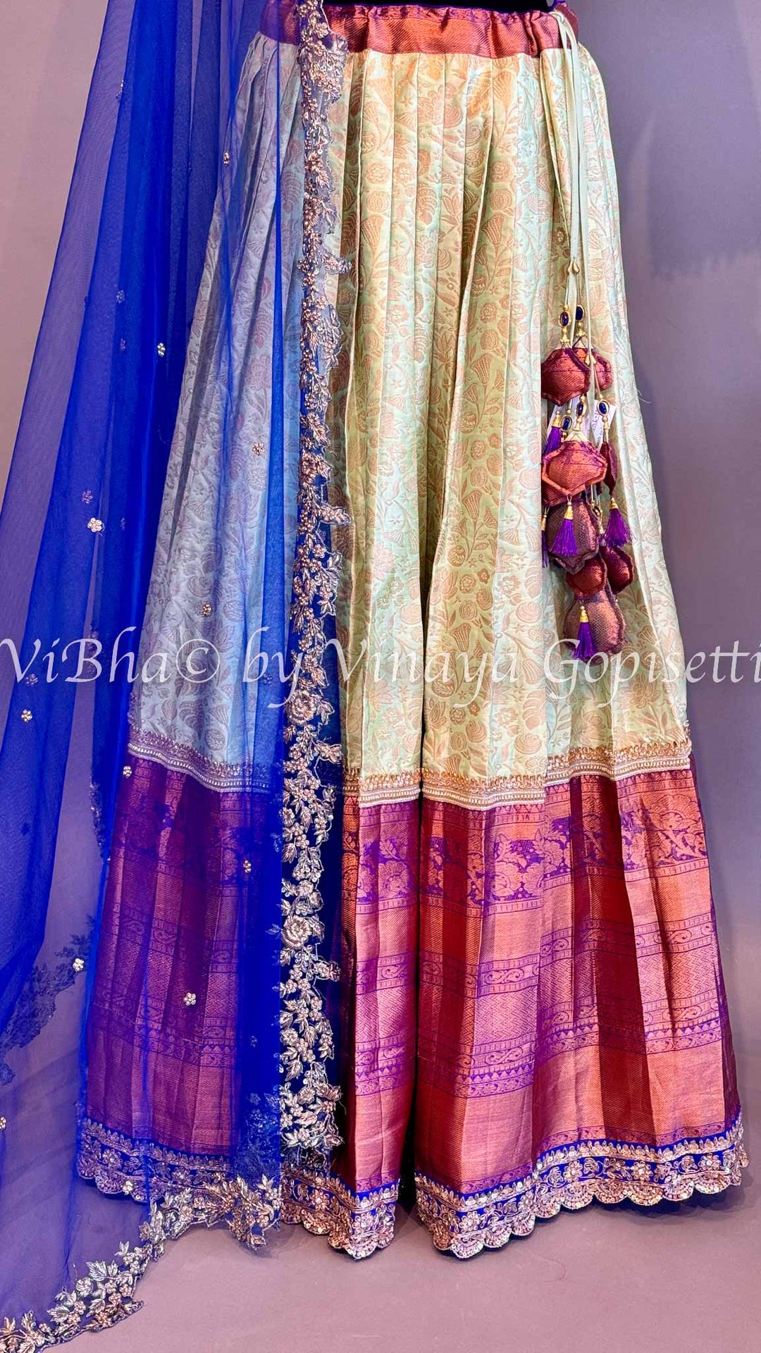 Mint and Purple Kanchi Silk Lehenga With Embroidered Borders And Blue Kanchi Silk Dupatta