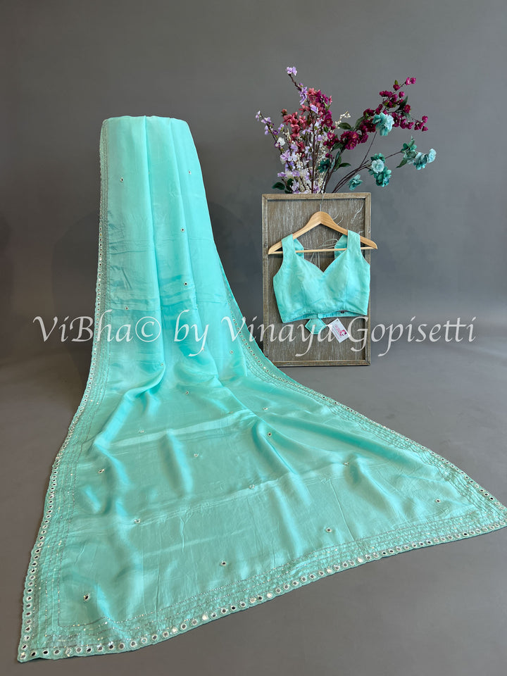 Chinoori Silk- Aqua Mirror Work