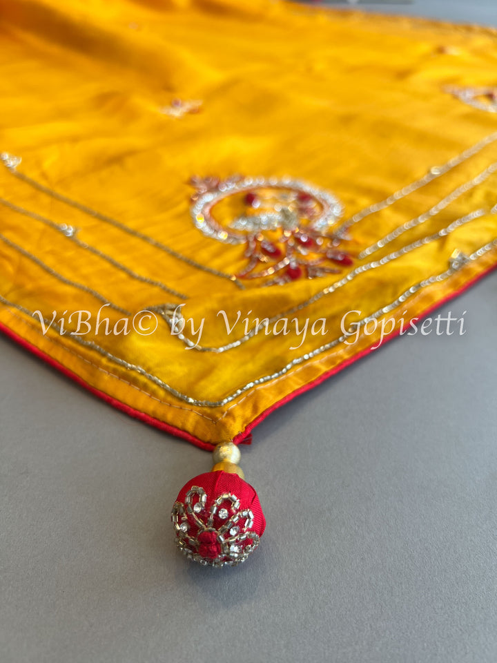 Yellowish Orange & Dark Red Chinoori Silk Saree