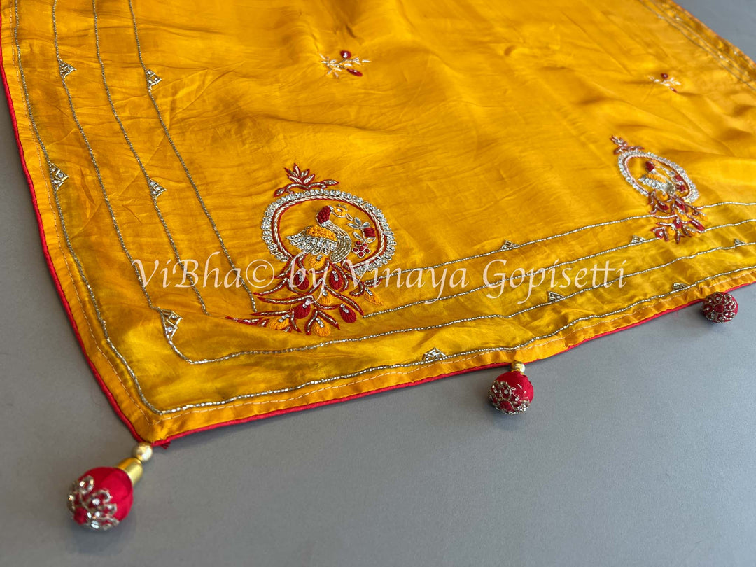 Yellowish Orange & Dark Red Chinoori Silk Saree