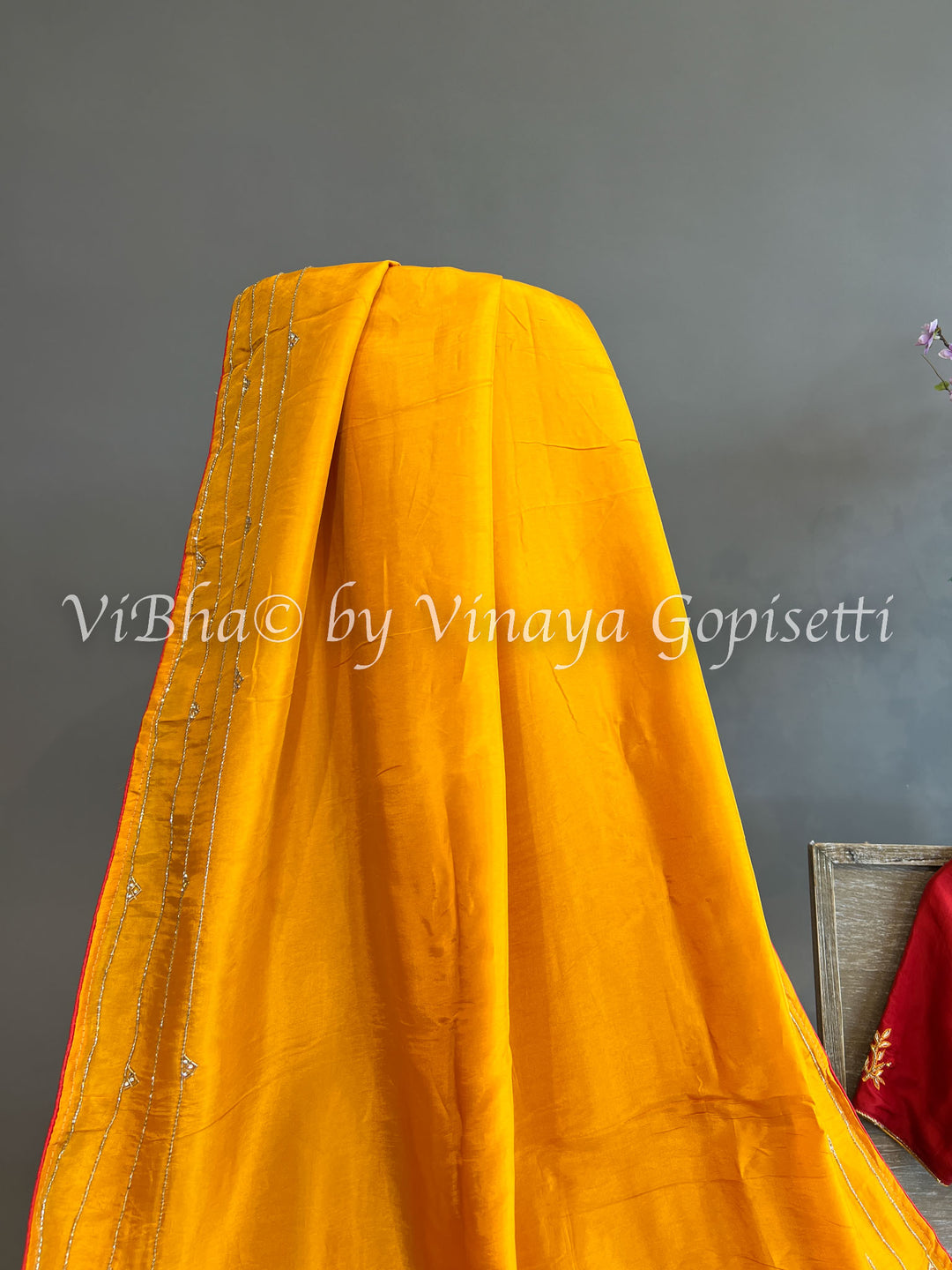 Yellowish Orange & Dark Red Chinoori Silk Saree