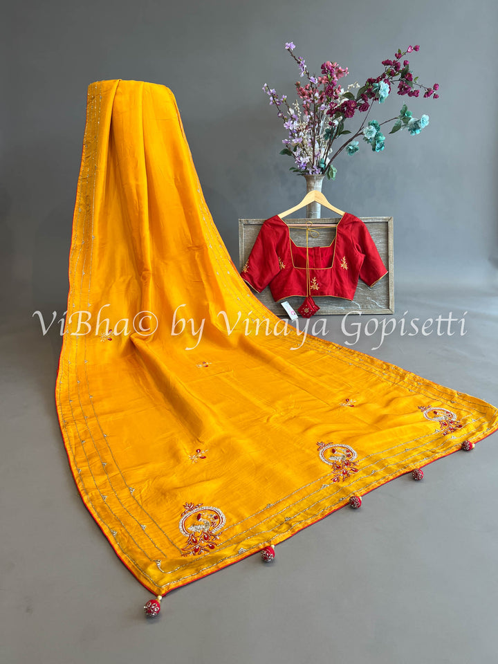 Yellowish Orange & Dark Red Chinoori Silk Saree