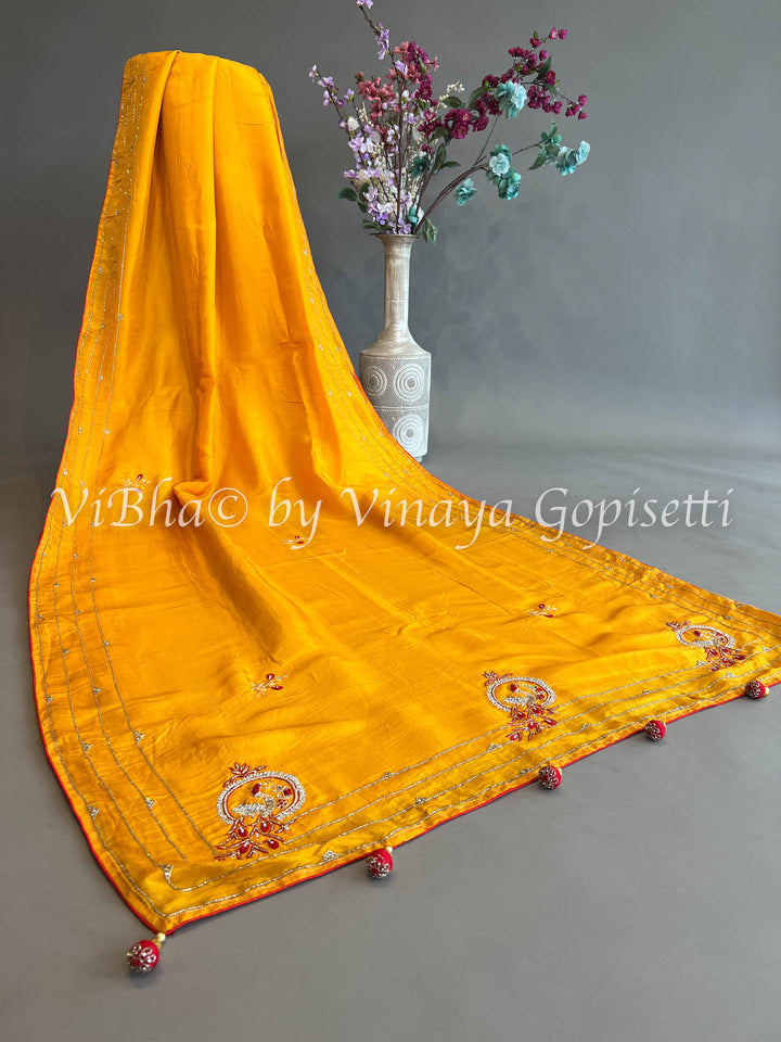 Yellowish Orange & Dark Red Chinoori Silk Saree