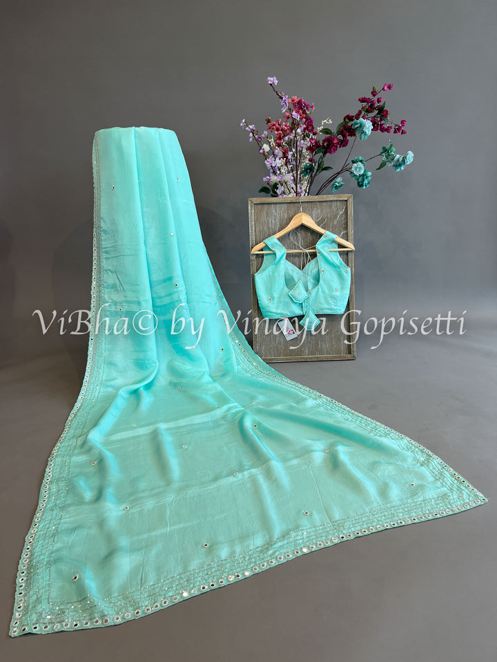 Chinoori Silk- Aqua Mirror Work