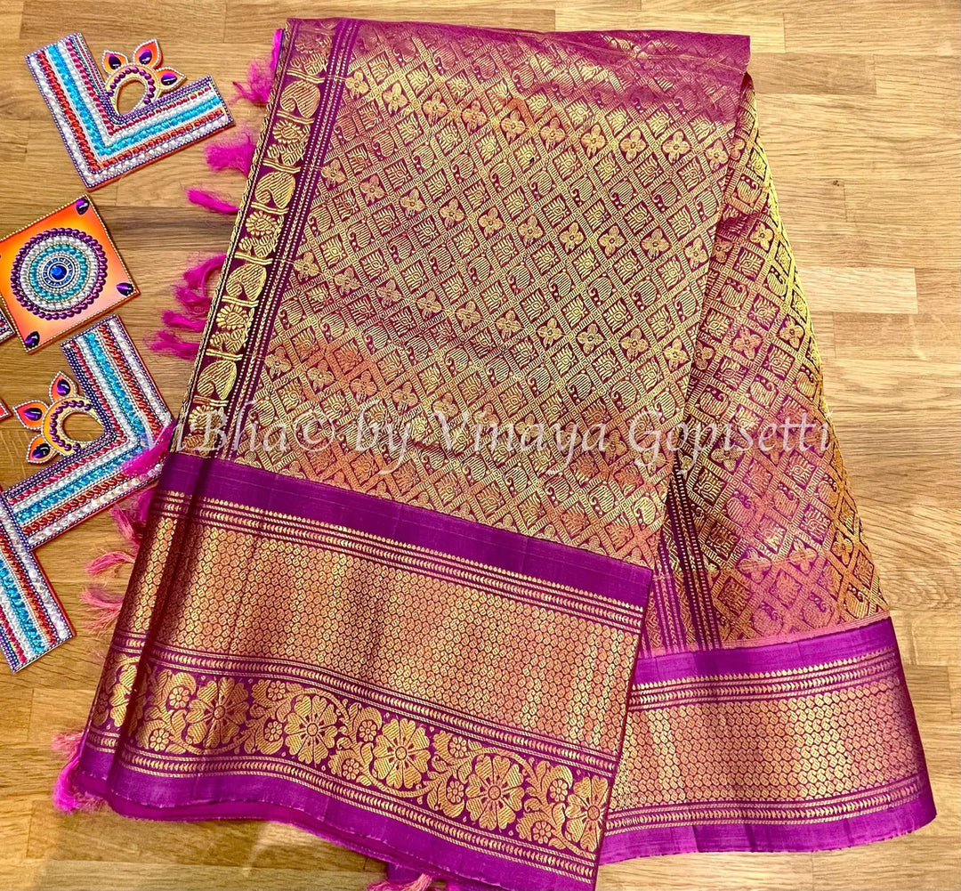 Purple & Magenta Floral Checks Gadwal Silk Saree