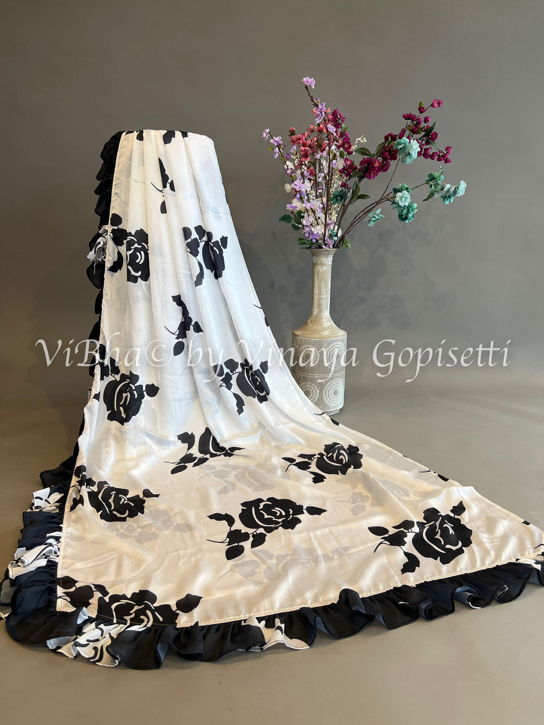 Floral Black And White Satin Crepe Ruffle Saree And Blouse