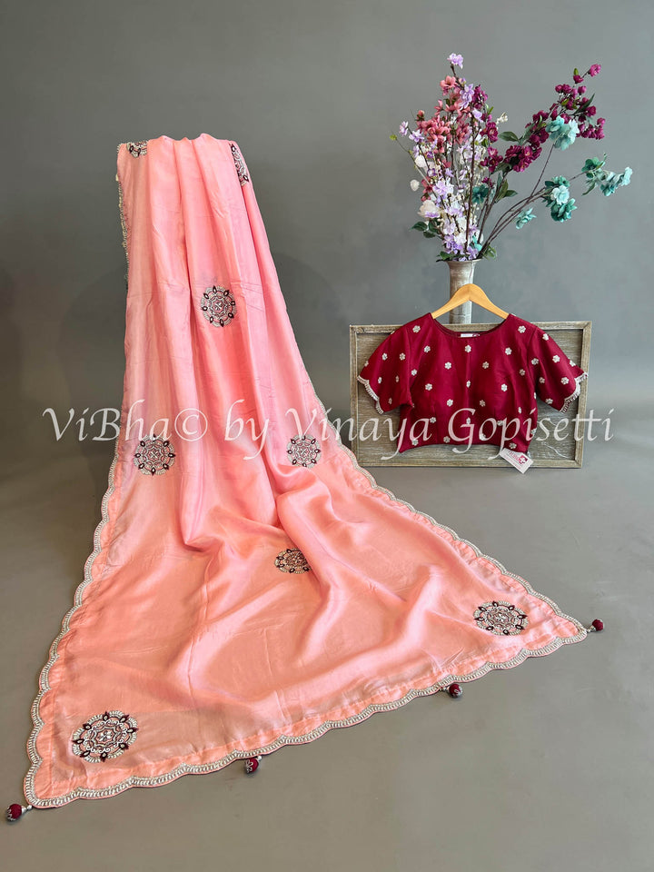 Peach And Maroon Chinoori Silk Saree And Blouse