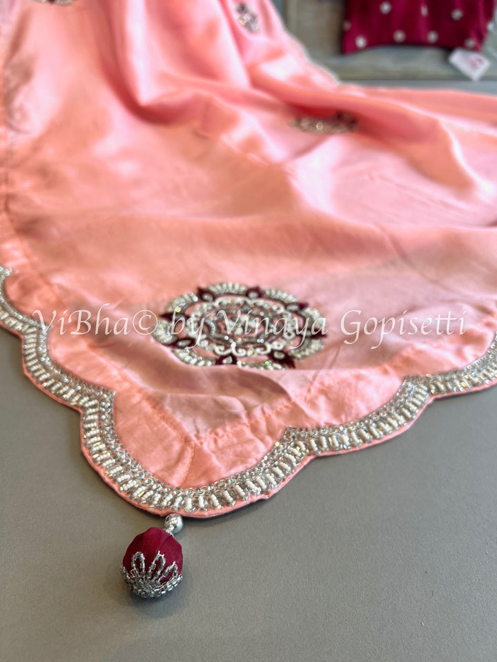 Peach And Maroon Chinoori Silk Saree And Blouse