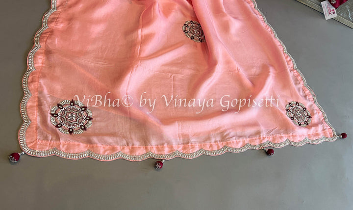 Peach And Maroon Chinoori Silk Saree And Blouse