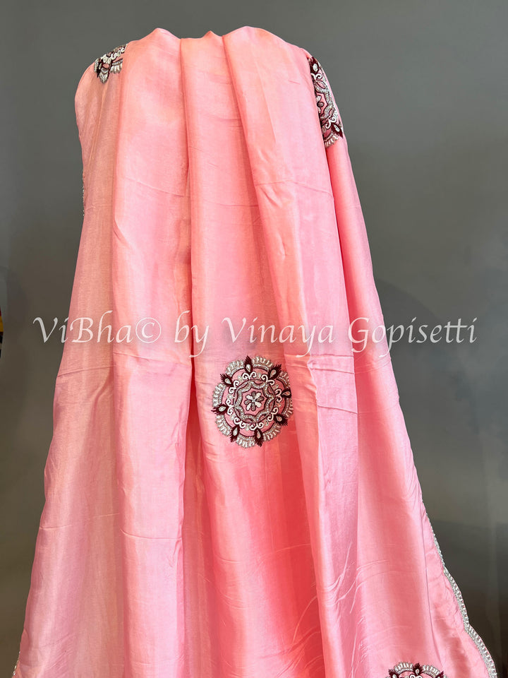 Peach And Maroon Chinoori Silk Saree And Blouse