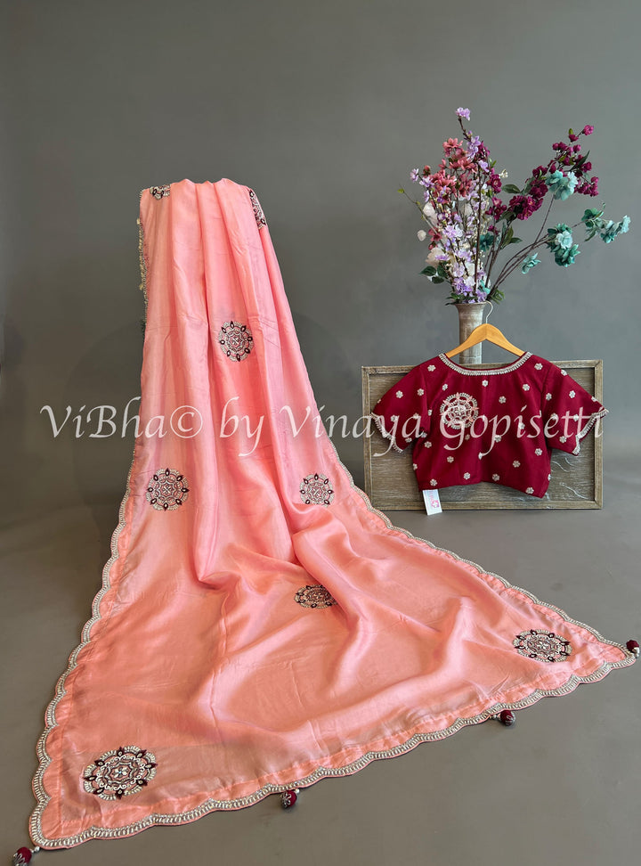 Peach And Maroon Chinoori Silk Saree And Blouse