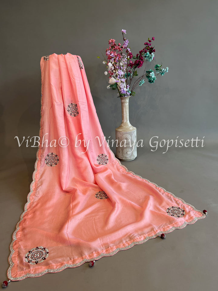 Peach And Maroon Chinoori Silk Saree And Blouse