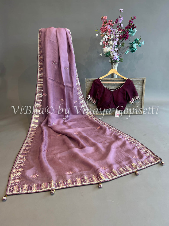 Light And Dark Purple Chinoori Silk Saree and Blouse