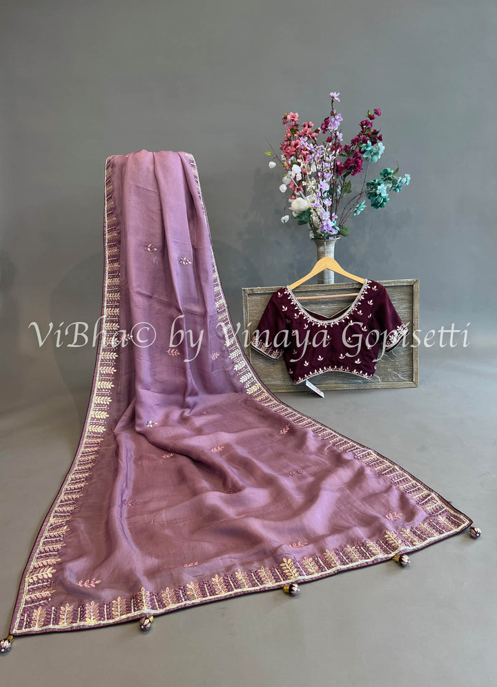 Light And Dark Purple Chinoori Silk Saree and Blouse