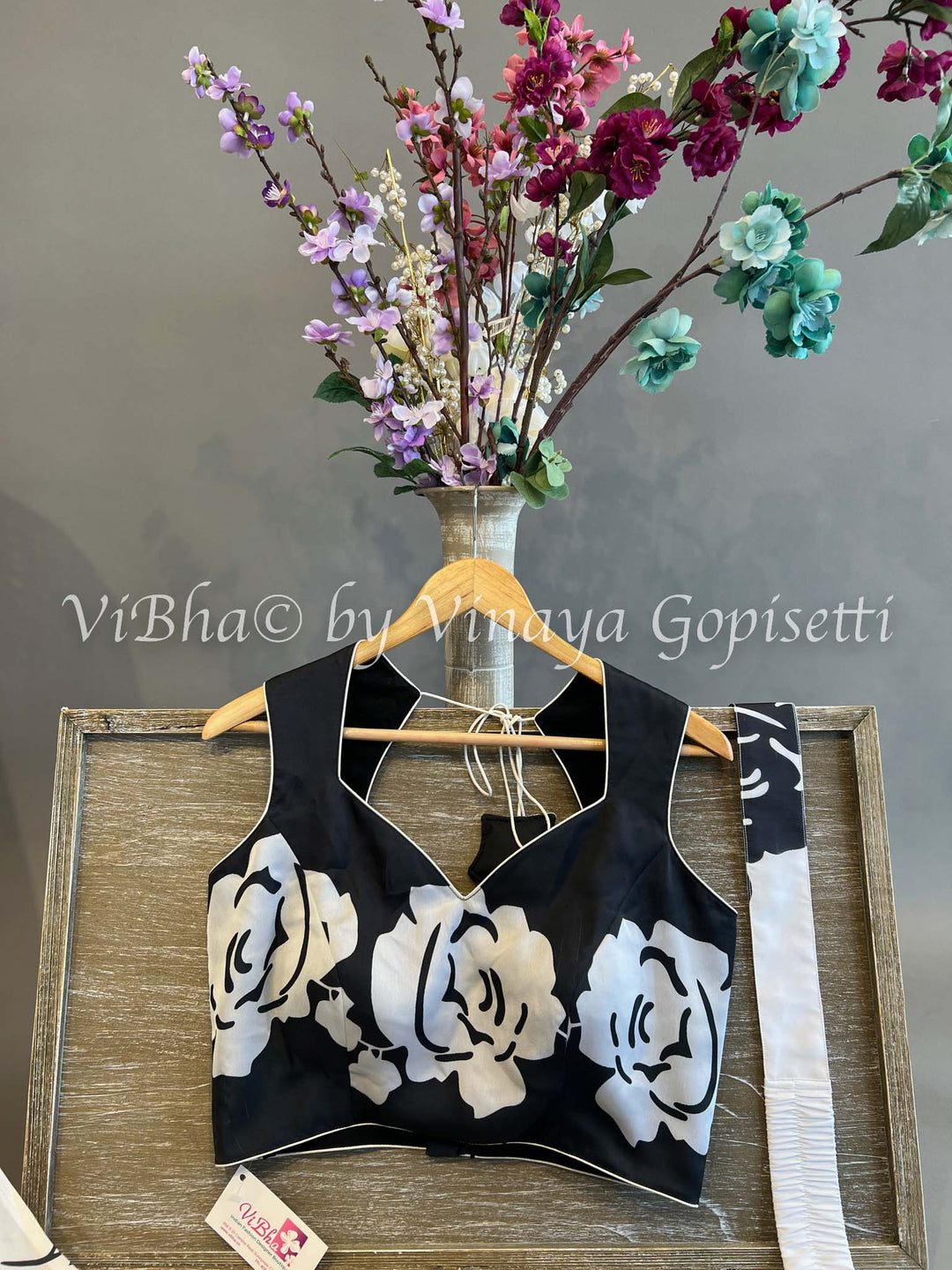 Floral Black And White Satin Crepe Ruffle Saree And Blouse