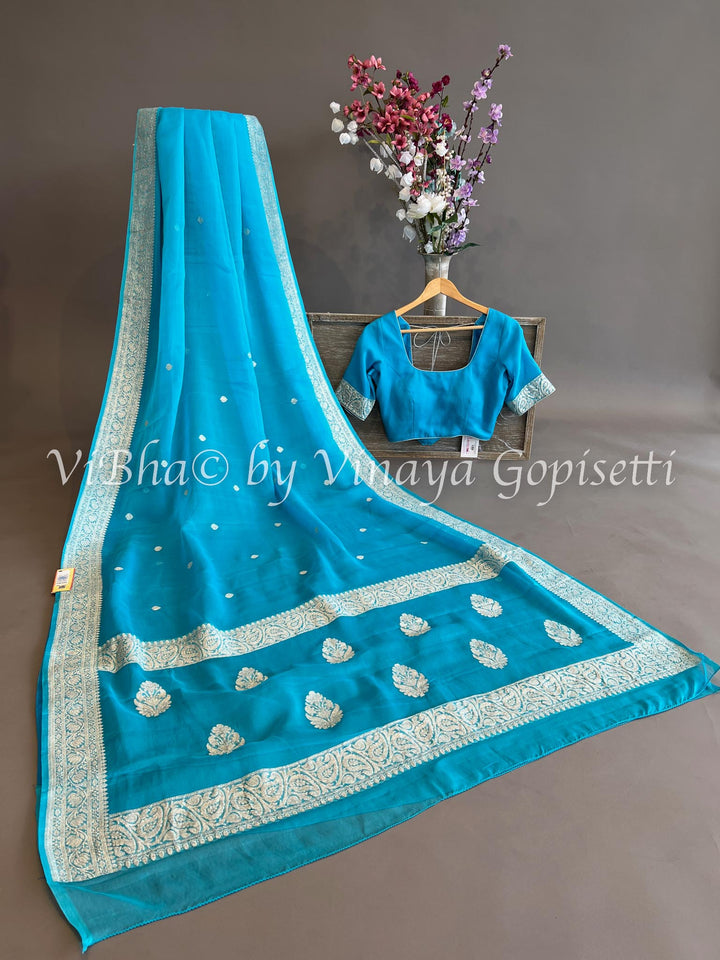 Dark Sky Blue Banarasi Chiffon Saree and Blouse.