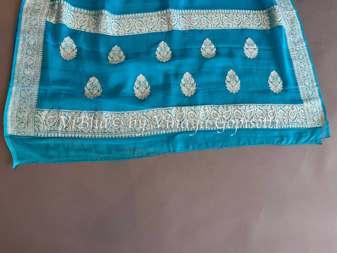 Dark Sky Blue Banarasi Chiffon Saree and Blouse.