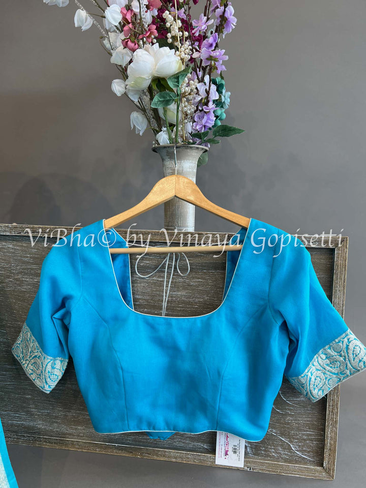 Dark Sky Blue Banarasi Chiffon Saree and Blouse.