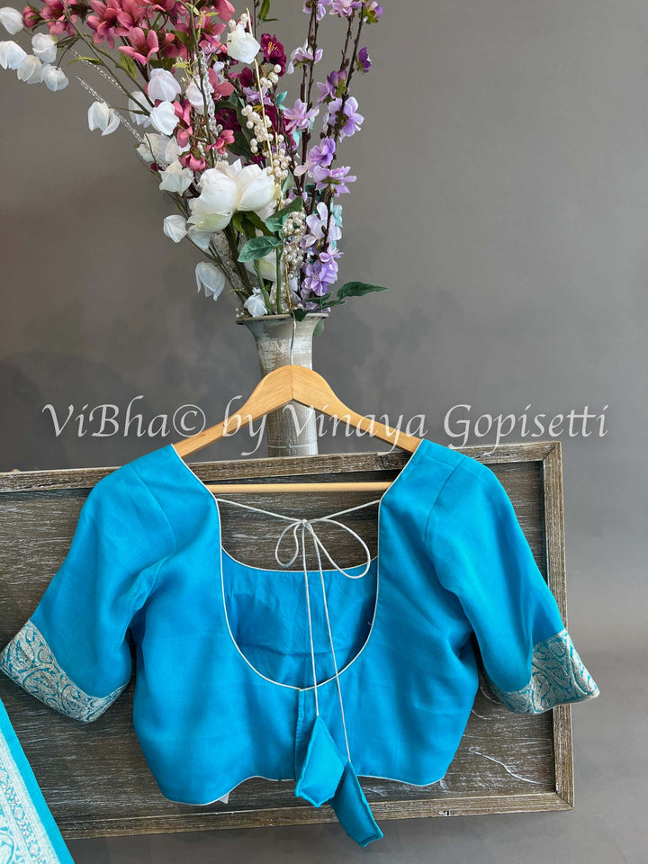 Dark Sky Blue Banarasi Chiffon Saree and Blouse.