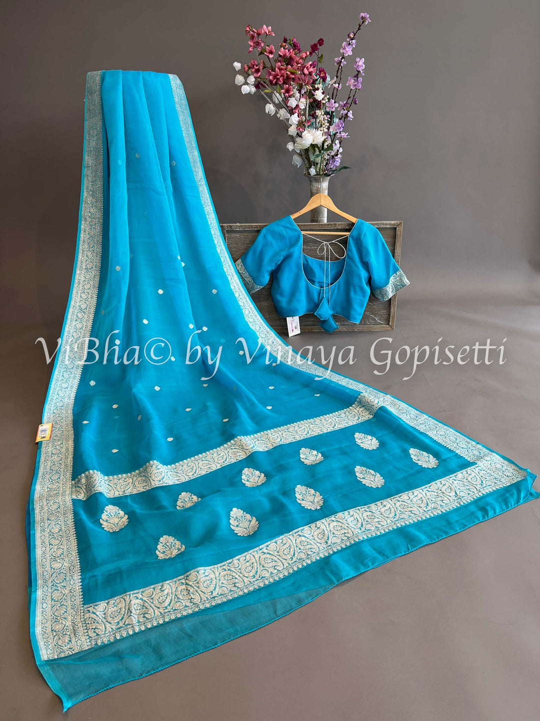 Dark Sky Blue Banarasi Chiffon Saree and Blouse.