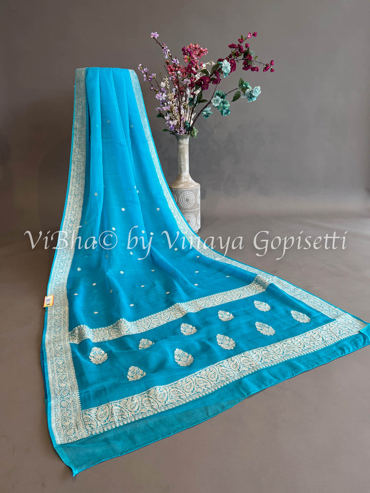 Dark Sky Blue Banarasi Chiffon Saree and Blouse.