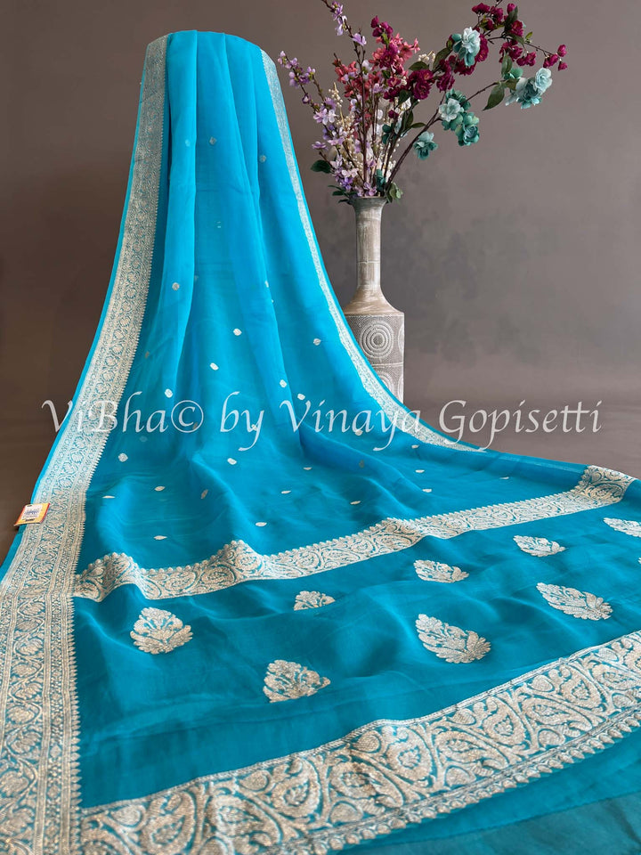 Dark Sky Blue Banarasi Chiffon Saree and Blouse.