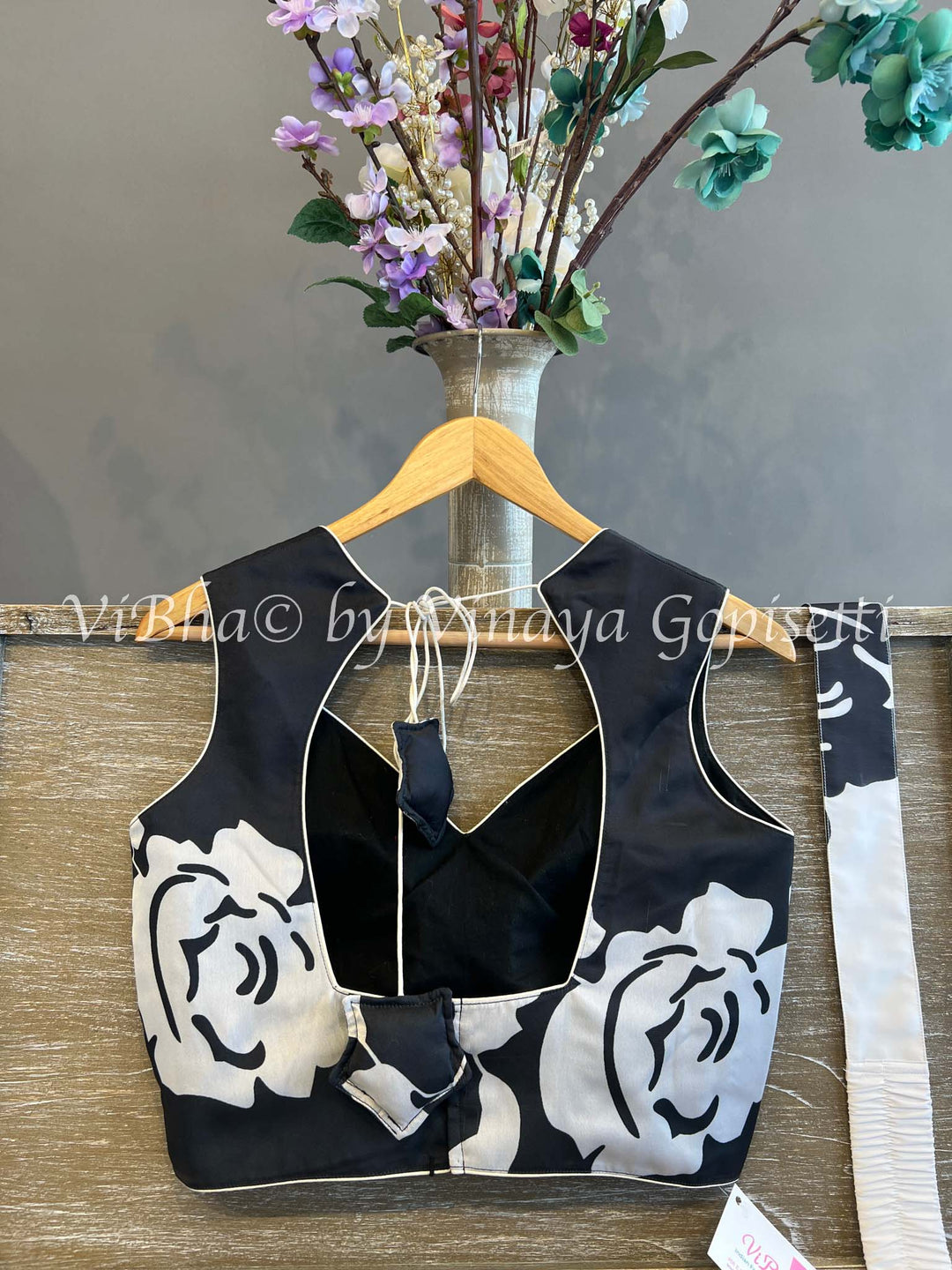 Floral Black And White Satin Crepe Ruffle Saree And Blouse