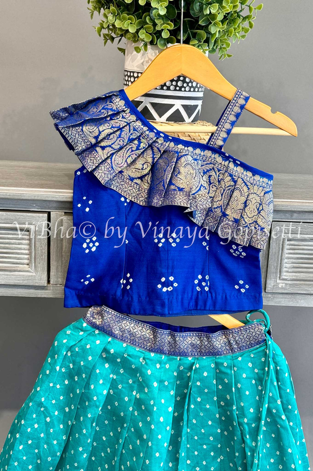 Turquoise And Blue Bandhani Kanchi Silk Skirt and Top