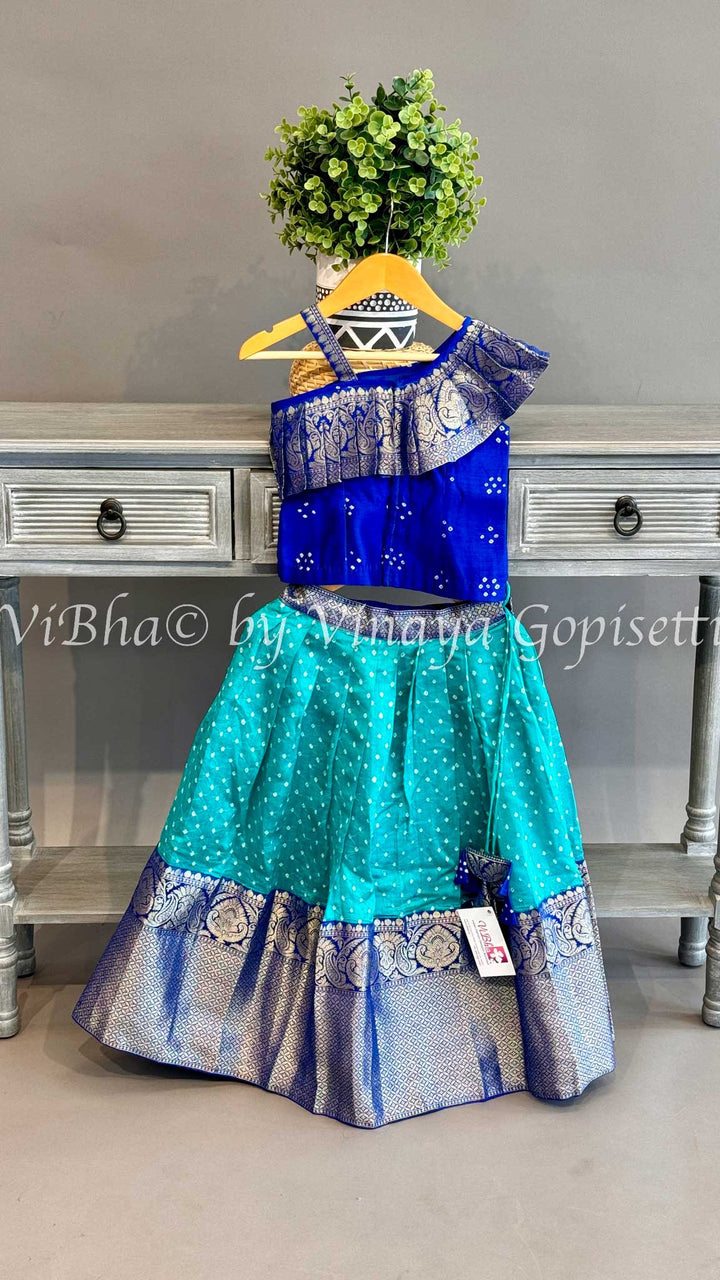 Turquoise And Blue Bandhani Kanchi Silk Skirt and Top