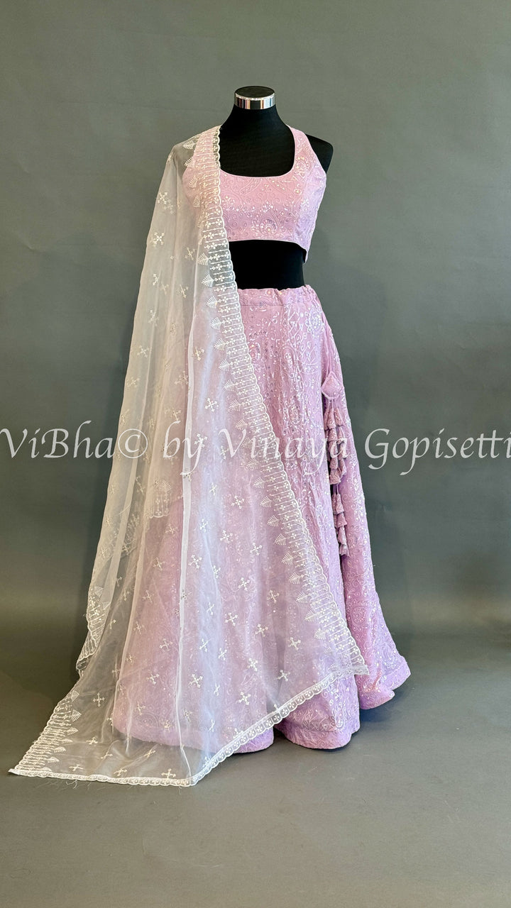 Pastel Purple Georgette Embroidered Lehenga Set