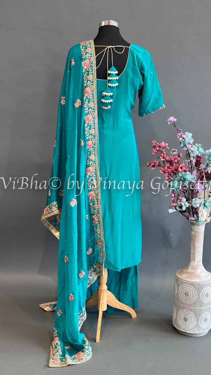 Turquoise Embroidered Palazzo Set