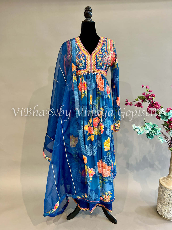 Blue Floral Print Alia Cut Kurta Set