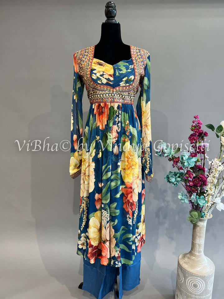 Blue Floral Print Alia Cut Kurta Set