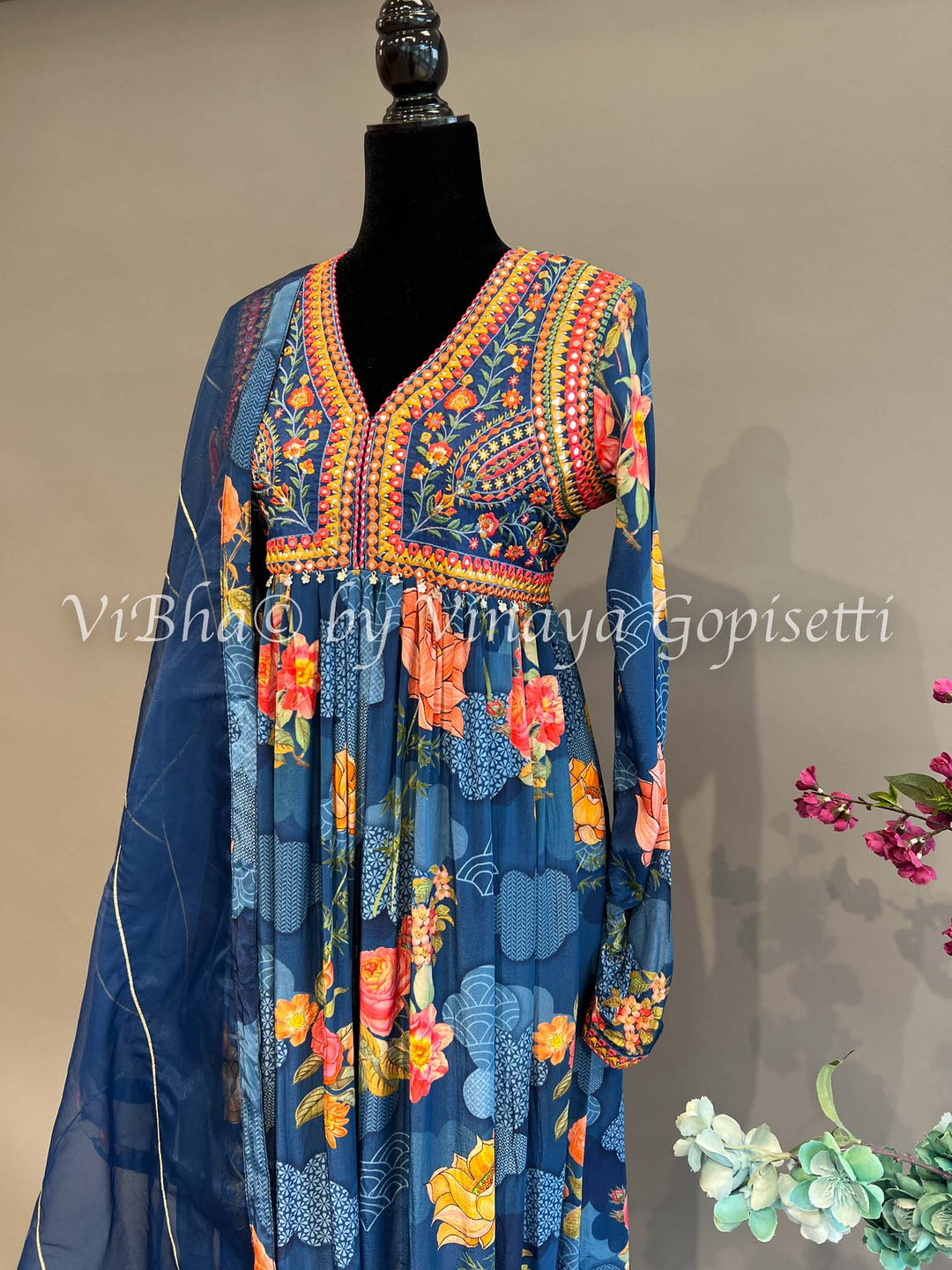 Blue Floral Print Alia Cut Kurta Set